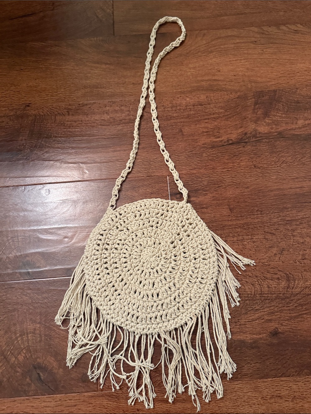 Handmade Boho Crochet Fringe Crossbody Bag in Cream